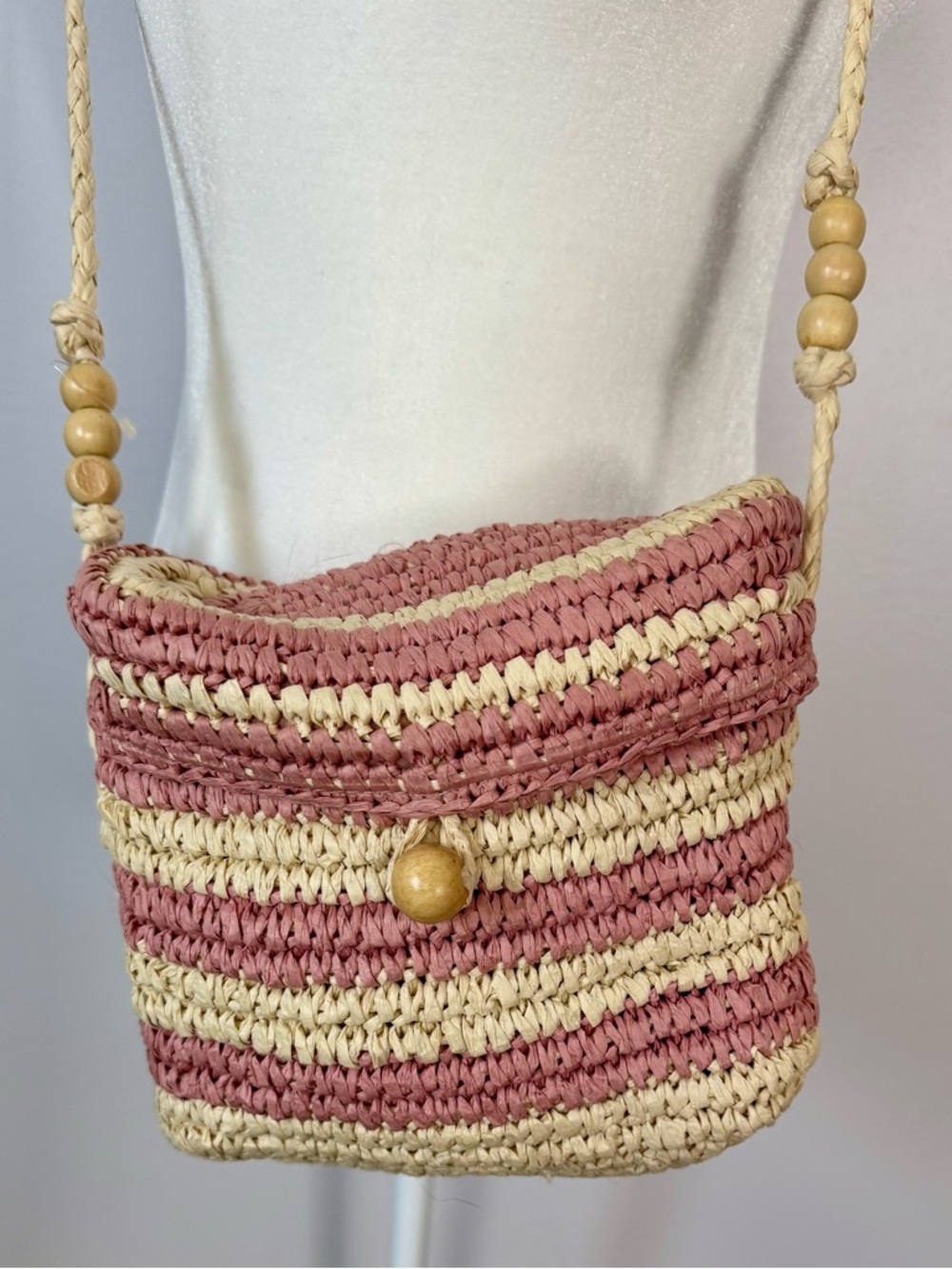Zara Handwoven Pink & Cream Straw Crossbody Bag